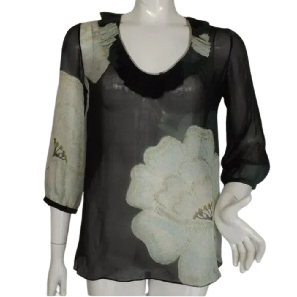 DIANE VON FURSTENBERG Blouse, 8, Sheer Floral, Ruffle Neck, 3/4 sleeves, CHICA